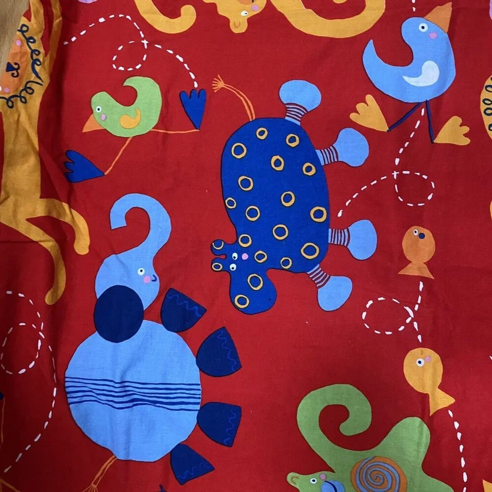 Ikea red duvet curtain drape set zoo animals lion monkey cotton reversible‎ kids